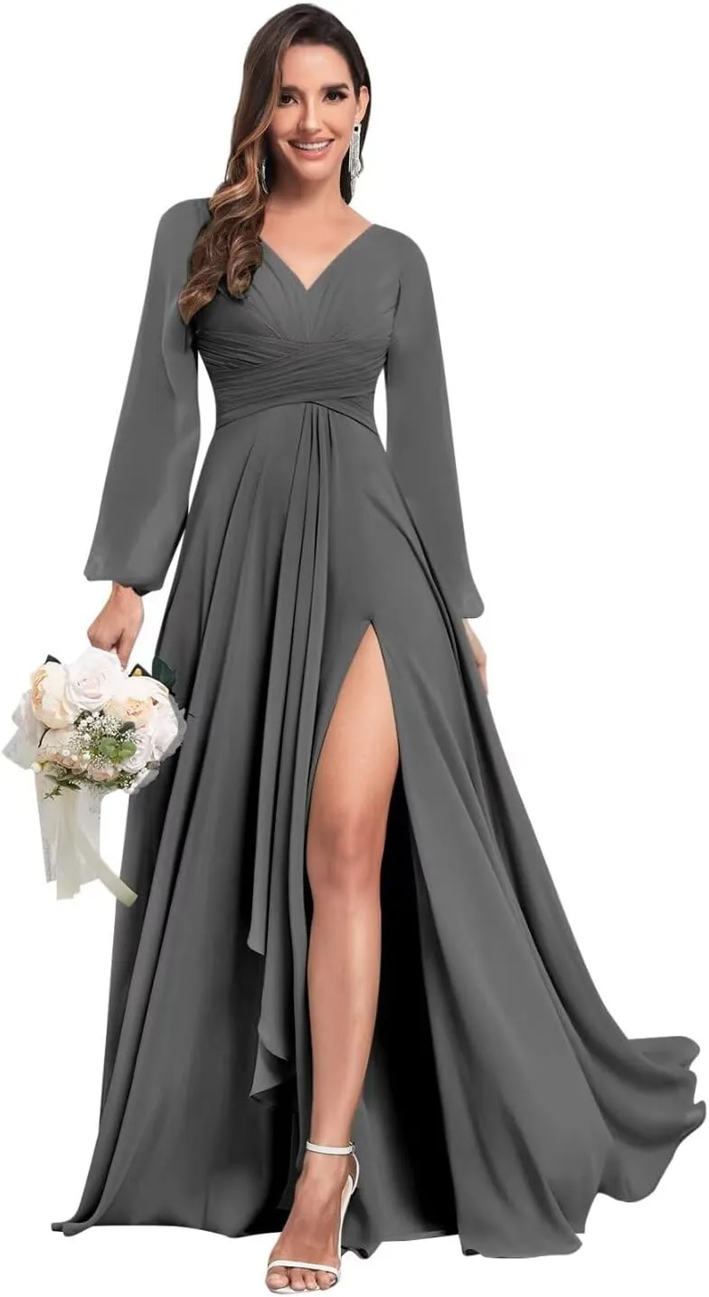 TORYEMY Chiffon Bridesmaid Dresses with Sleeves Long V Neck Ruffle Formal Evening Dresses for Wedding