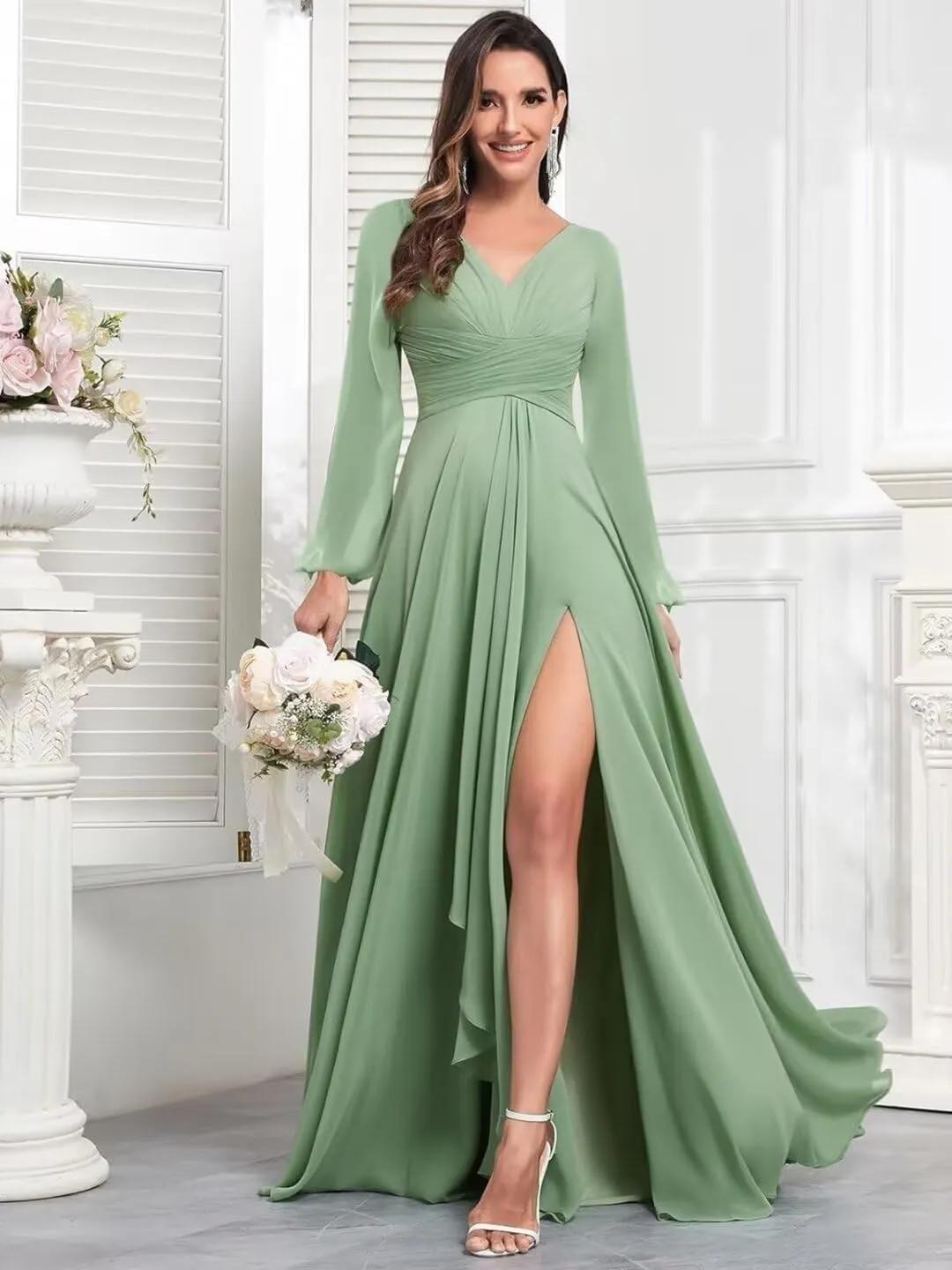 TORYEMY Chiffon Bridesmaid Dresses with Sleeves Long V Neck Ruffle Formal Evening Dresses for Wedding