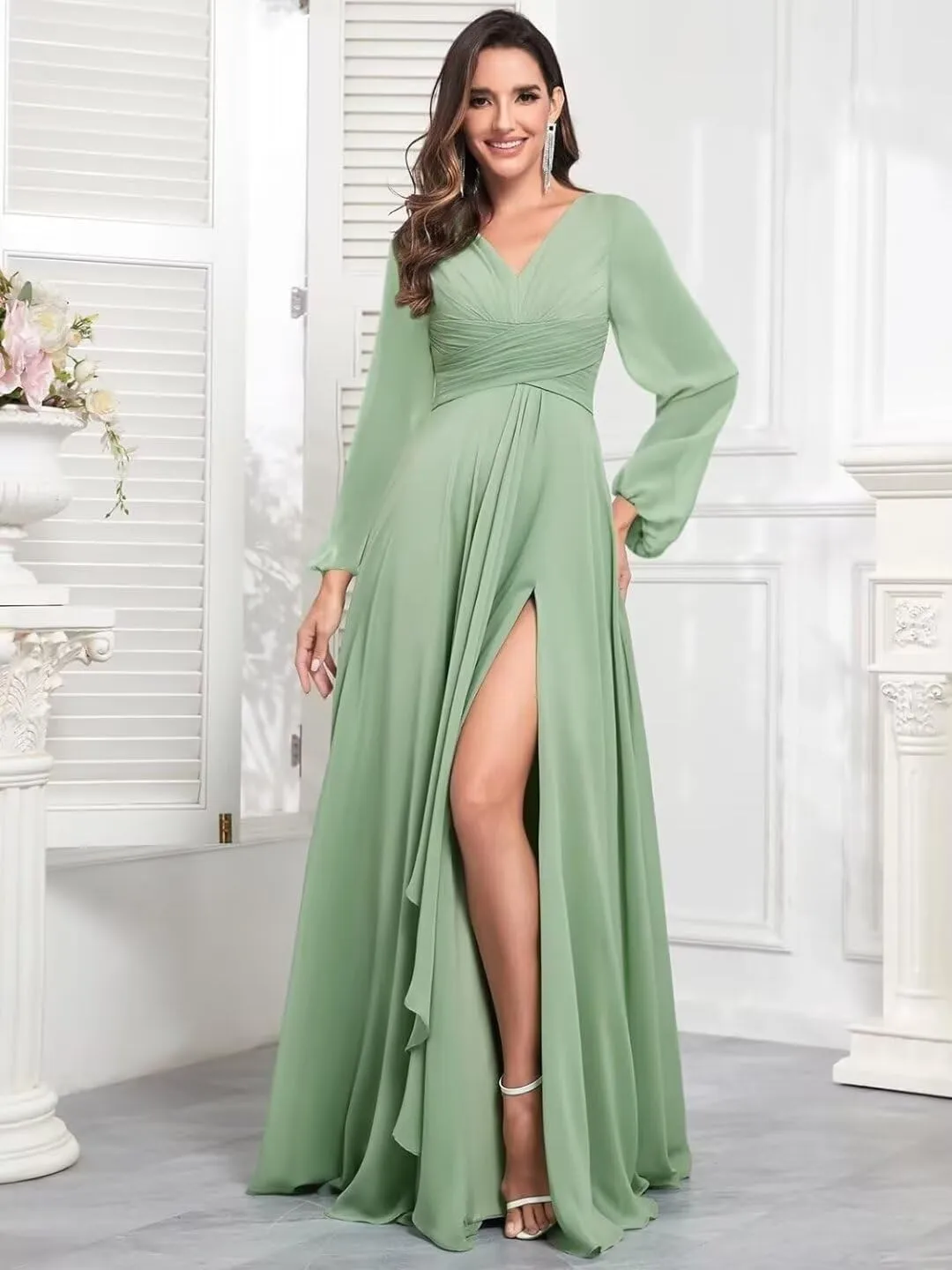 TORYEMY Chiffon Bridesmaid Dresses with Sleeves Long V Neck Ruffle Formal Evening Dresses for Wedding