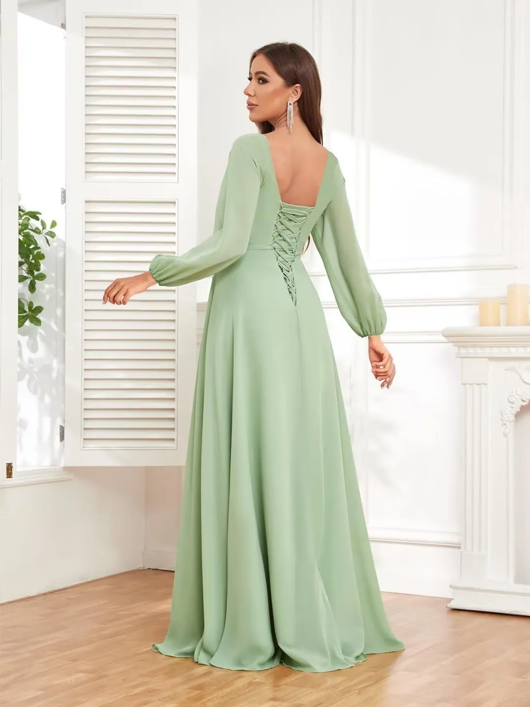 TORYEMY Chiffon Bridesmaid Dresses with Sleeves Long V Neck Ruffle Formal Evening Dresses for Wedding