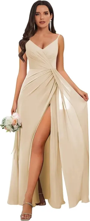 TORYEMY Chiffon V Neck Bridesmaid Dresses Long with Slit Spaghetti Straps Formal Evening Dresses for Wedding