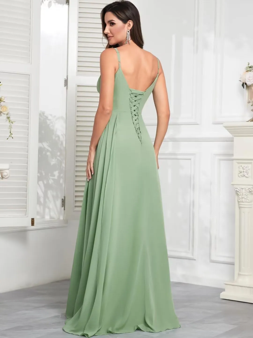 TORYEMY Chiffon V Neck Bridesmaid Dresses Long with Slit Spaghetti Straps Formal Evening Dresses for Wedding