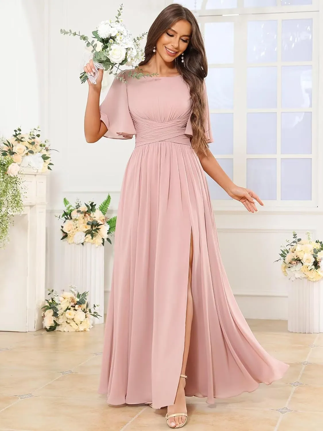 TORYEMY Flutter Sleeve Chiffon Bridesmaid Dresses Long with Pockets Slit Scoop Neck Formal Evening Dress for Women