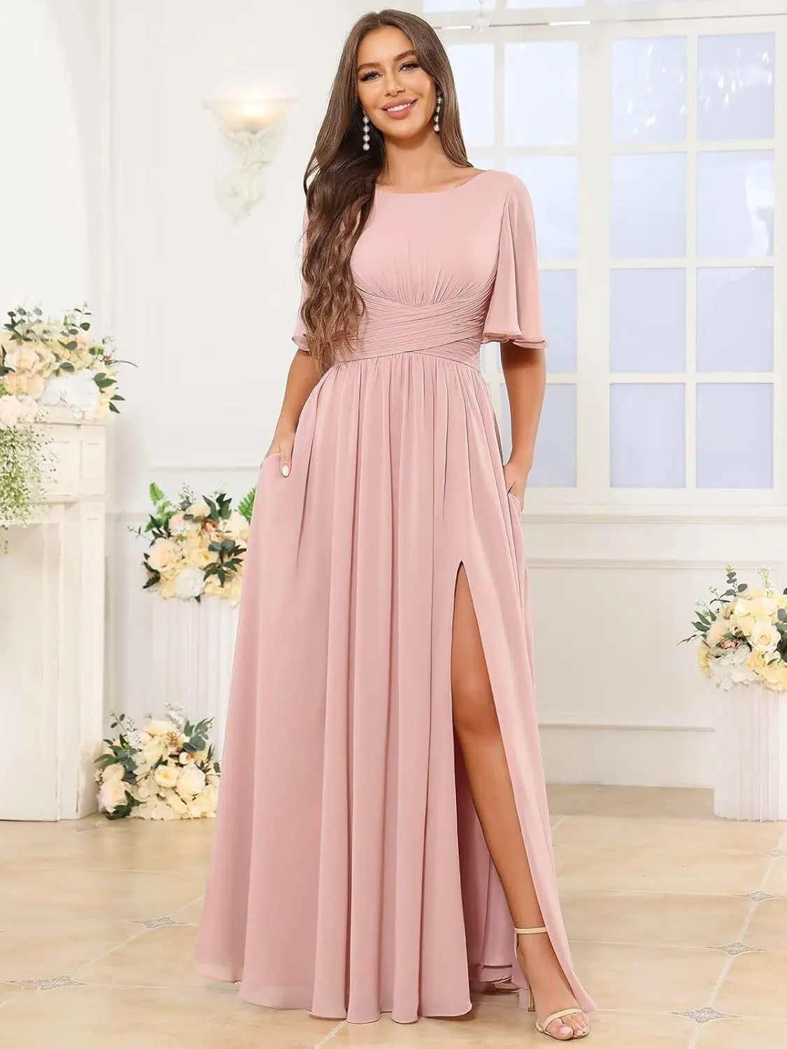 TORYEMY Flutter Sleeve Chiffon Bridesmaid Dresses Long with Pockets Slit Scoop Neck Formal Evening Dress for Women