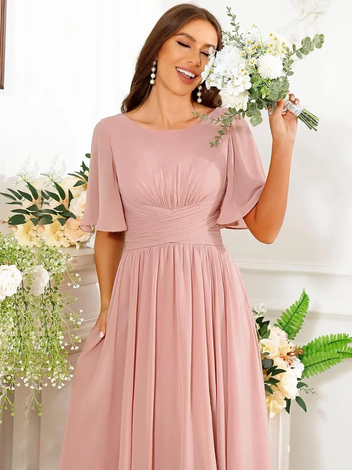 TORYEMY Flutter Sleeve Chiffon Bridesmaid Dresses Long with Pockets Slit Scoop Neck Formal Evening Dress for Women