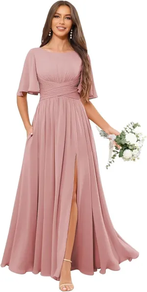 TORYEMY Flutter Sleeve Chiffon Bridesmaid Dresses Long with Pockets Slit Scoop Neck Formal Evening Dress for Women