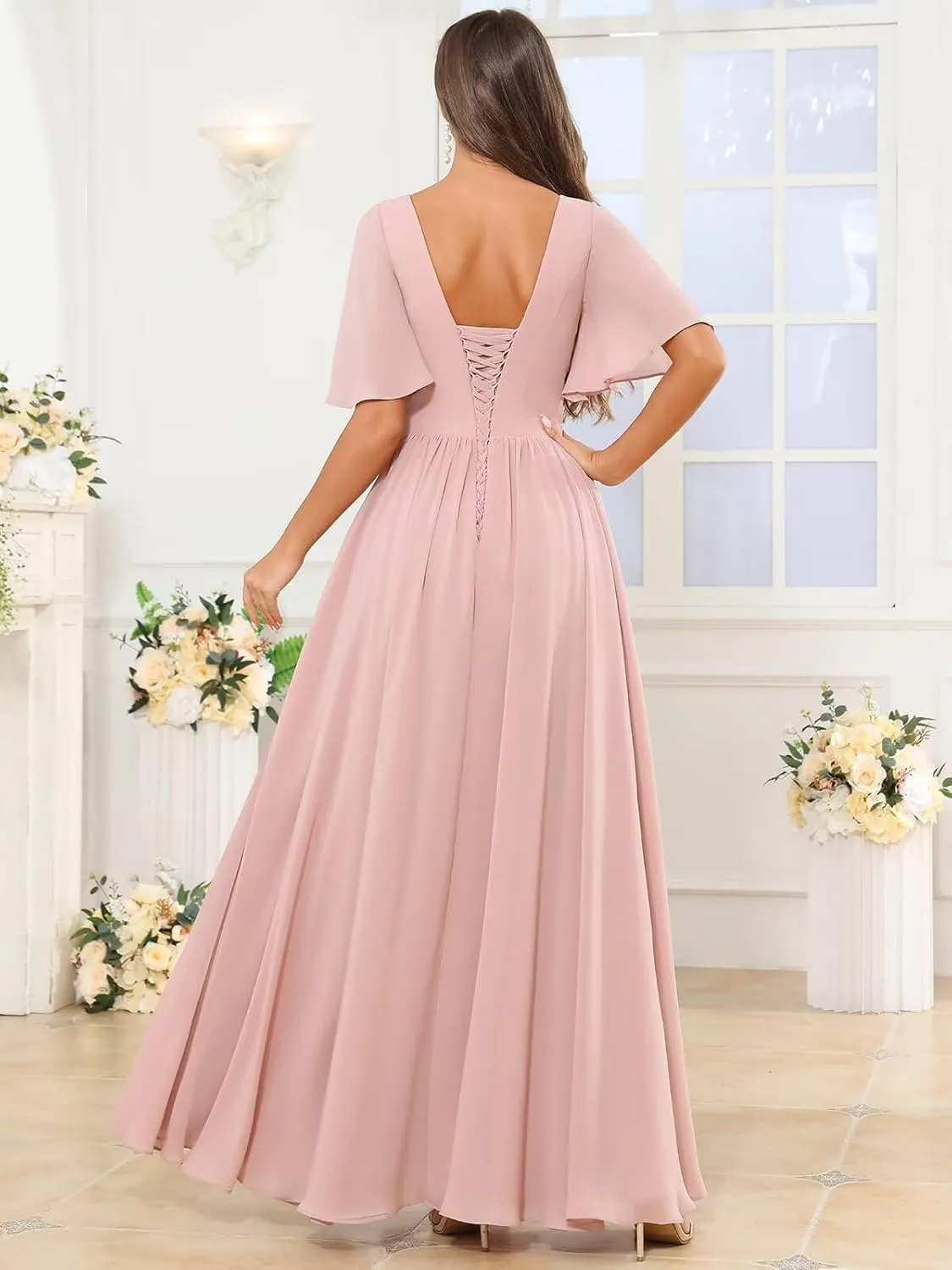 TORYEMY Flutter Sleeve Chiffon Bridesmaid Dresses Long with Pockets Slit Scoop Neck Formal Evening Dress for Women