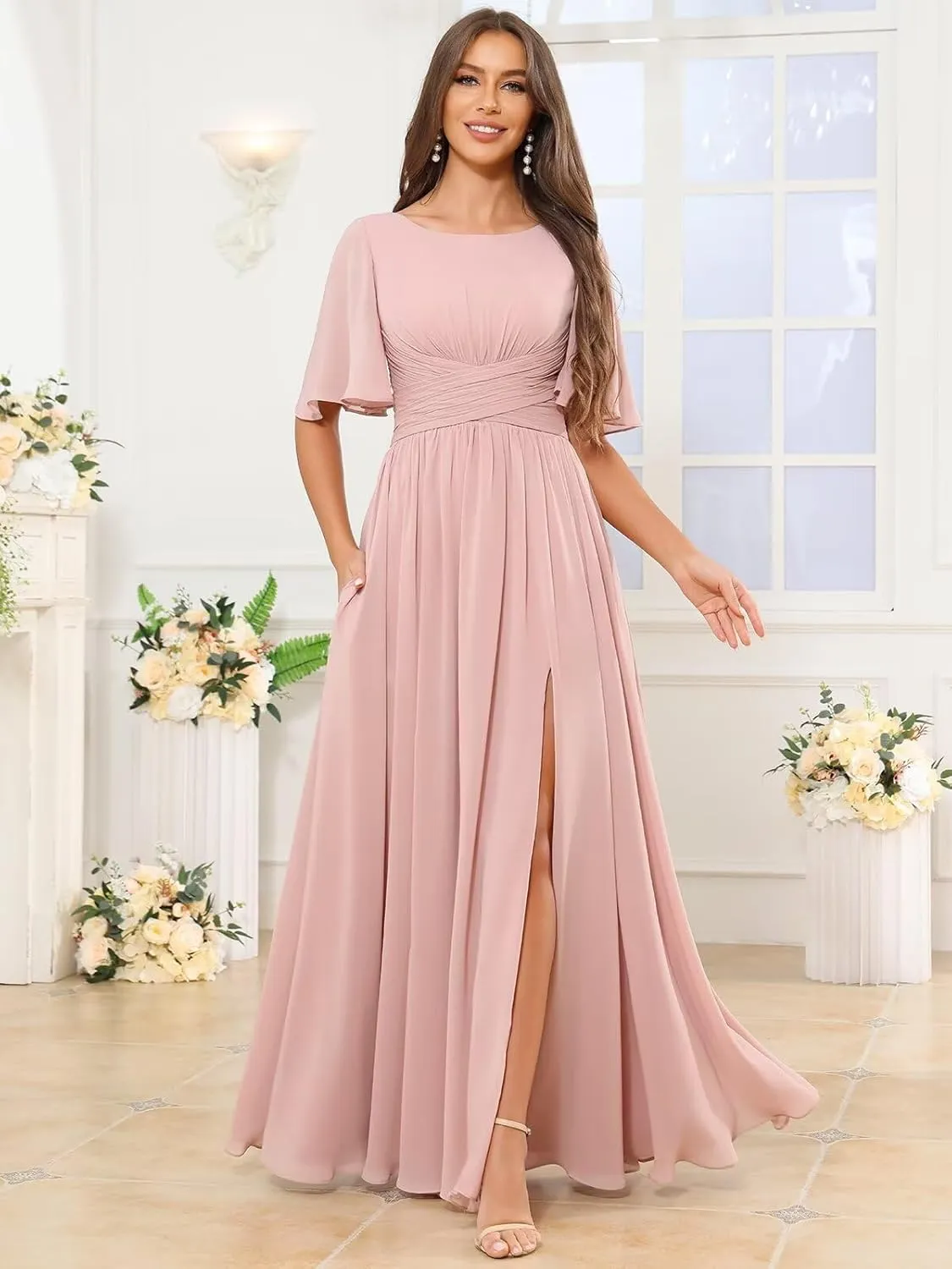 TORYEMY Flutter Sleeve Chiffon Bridesmaid Dresses Long with Pockets Slit Scoop Neck Formal Evening Dress for Women