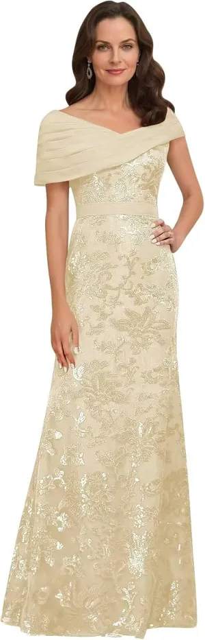 TORYEMY Sequin Mermaid Mother of The Bride Dresses for Women Off The Shoulder Long Chiffon Formal Evening Gown