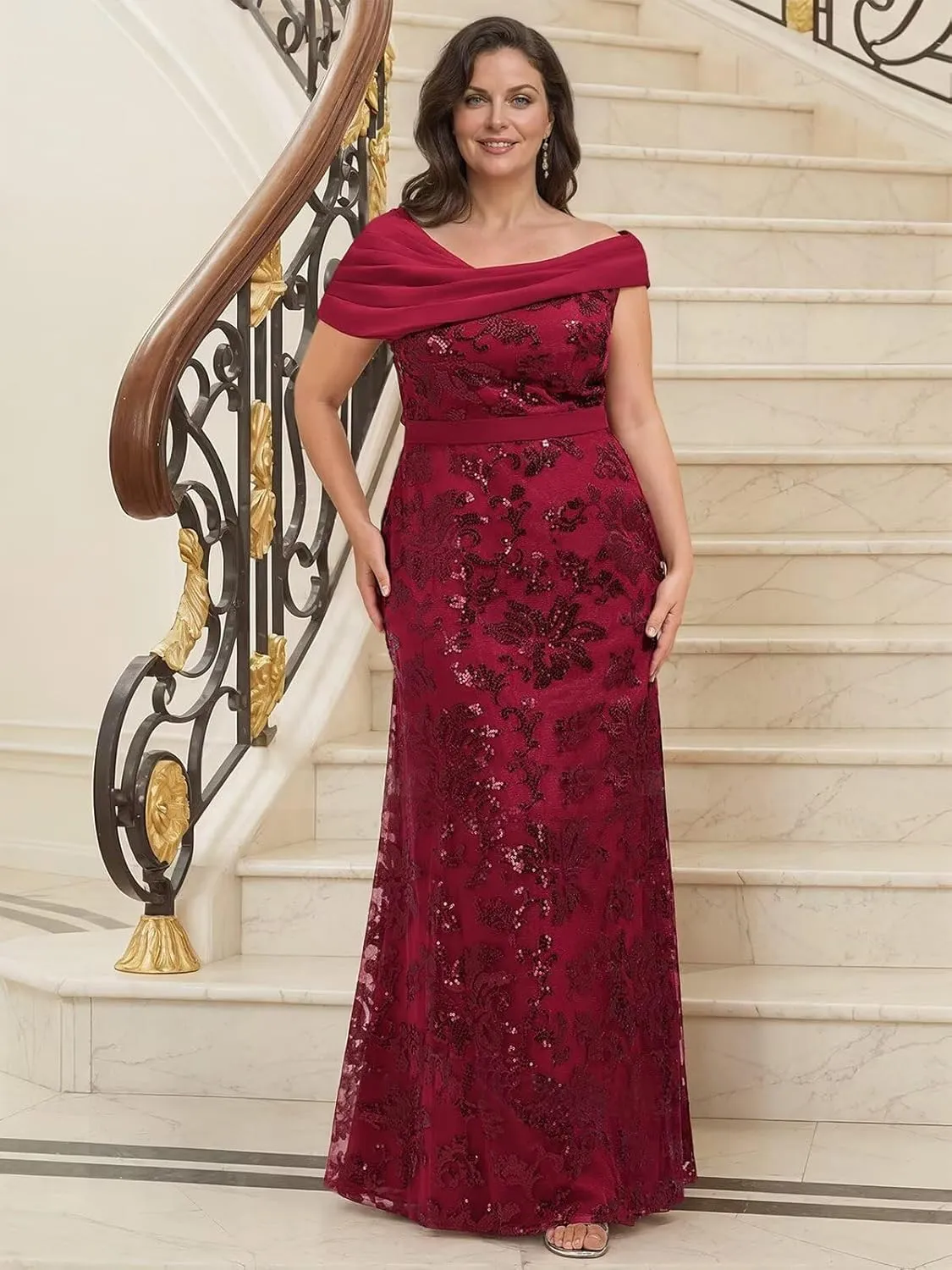 TORYEMY Sequin Mermaid Mother of The Bride Dresses for Women Off The Shoulder Long Chiffon Formal Evening Gown