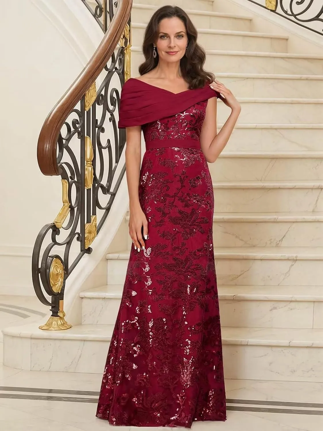 TORYEMY Sequin Mermaid Mother of The Bride Dresses for Women Off The Shoulder Long Chiffon Formal Evening Gown