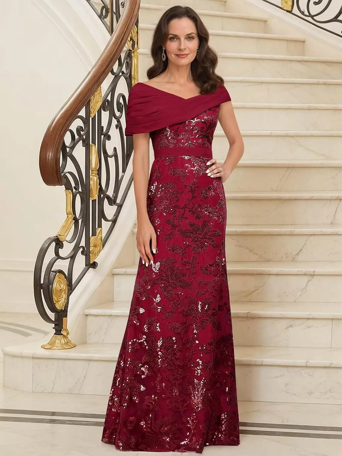 TORYEMY Sequin Mermaid Mother of The Bride Dresses for Women Off The Shoulder Long Chiffon Formal Evening Gown