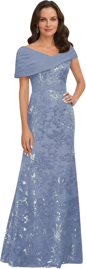 TORYEMY Sequin Mermaid Mother of The Bride Dresses for Women Off The Shoulder Long Chiffon Formal Evening Gown