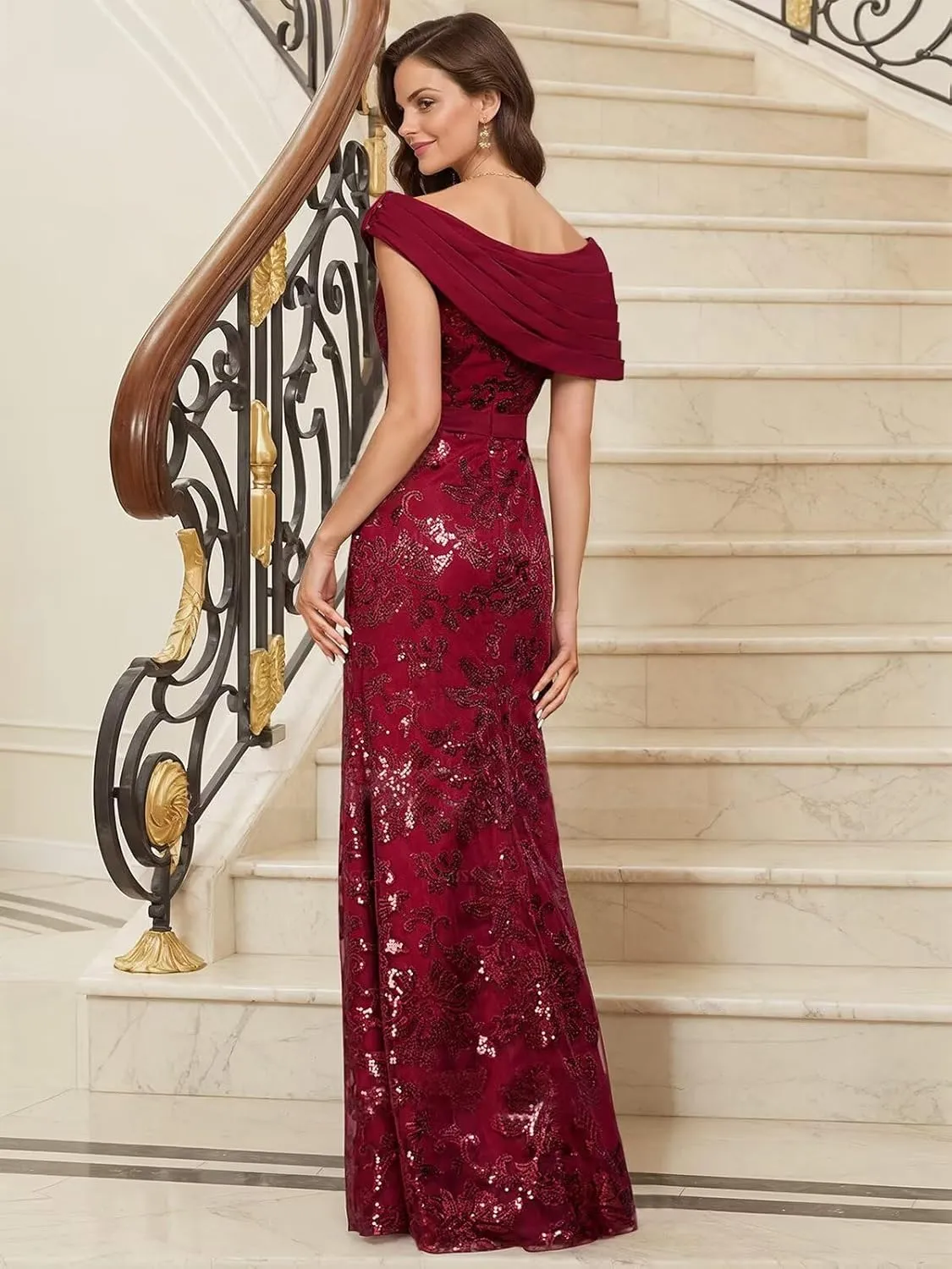 TORYEMY Sequin Mermaid Mother of The Bride Dresses for Women Off The Shoulder Long Chiffon Formal Evening Gown