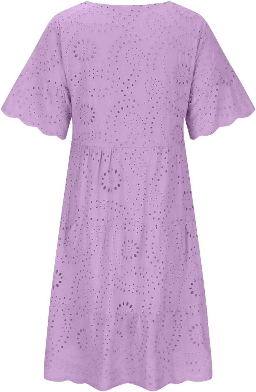 Trendy Womens Casual Dresses Eyelet Lace Tiered Mini Dress Short Sleeve Loose Fit Comfy Summer Beach Sundresses