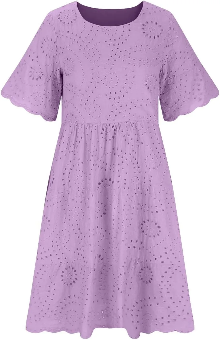 Trendy Womens Casual Dresses Eyelet Lace Tiered Mini Dress Short Sleeve Loose Fit Comfy Summer Beach Sundresses