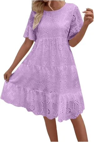 Trendy Womens Casual Dresses Eyelet Lace Tiered Mini Dress Short Sleeve Loose Fit Comfy Summer Beach Sundresses