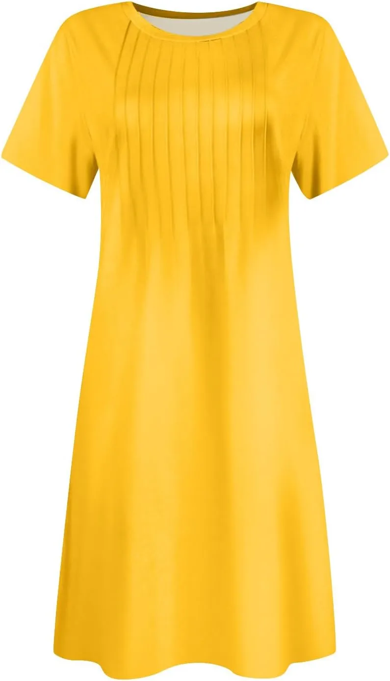 Tshirt Dress Women Short Sleeve Round Neck Flowy Mini Dress Summer Pleated A Line Boho Beach Dresses with Pockets