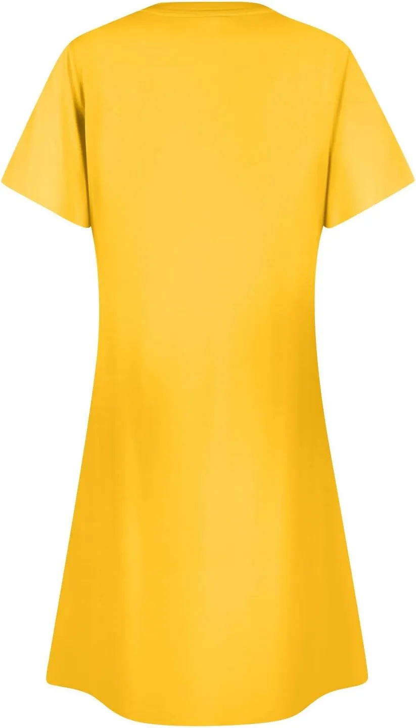 Tshirt Dress Women Short Sleeve Round Neck Flowy Mini Dress Summer Pleated A Line Boho Beach Dresses with Pockets