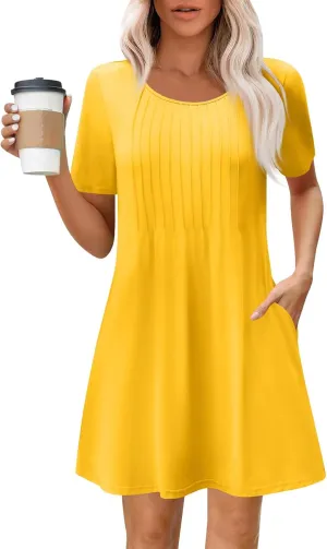 Tshirt Dress Women Short Sleeve Round Neck Flowy Mini Dress Summer Pleated A Line Boho Beach Dresses with Pockets