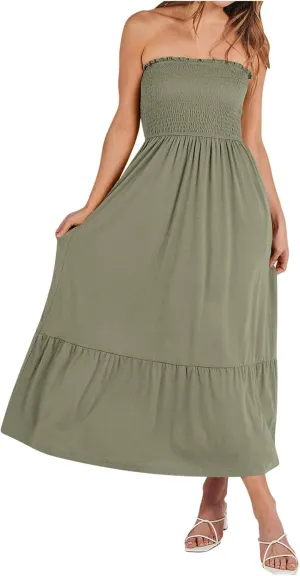 Tube Top Dress for Women Summer Solid Strapless Smocked Off Shoulder Boho Beach Dress Flowy Ruffle Long Maxi Dresses
