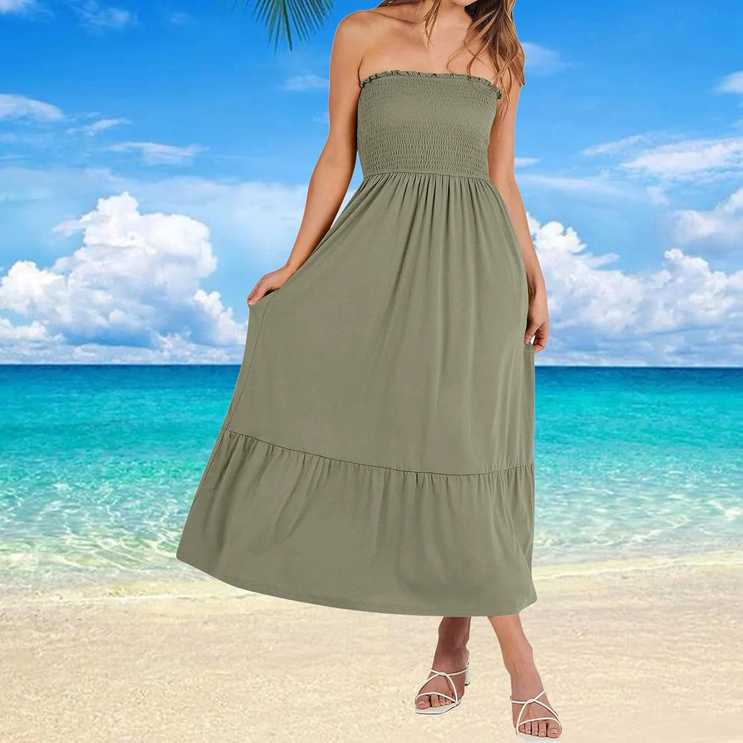 Tube Top Dress for Women Summer Solid Strapless Smocked Off Shoulder Boho Beach Dress Flowy Ruffle Long Maxi Dresses