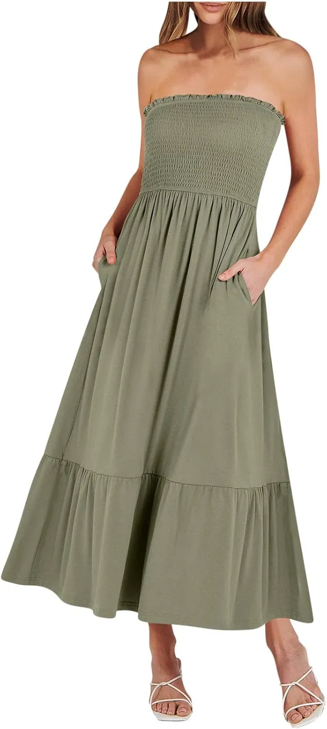 Tube Top Dress for Women Summer Solid Strapless Smocked Off Shoulder Boho Beach Dress Flowy Ruffle Long Maxi Dresses