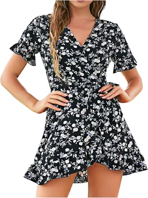 tuduoms Women's Girls Summer Ditsy Floral Mini Dress Wrap V Neck Short Sleeve Tulip Ruffle Hem Flowy Petite Cottagecore Dress