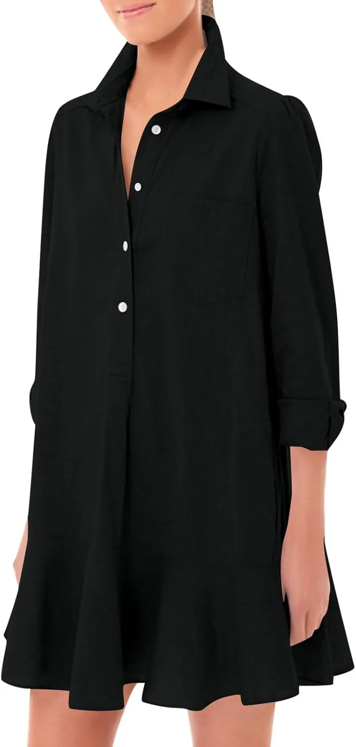 Tunic Mini Shirt Dress for Women Button Up Long Sleeve Dress Chambray Callahan Ruffle Flowy Casual Dresses