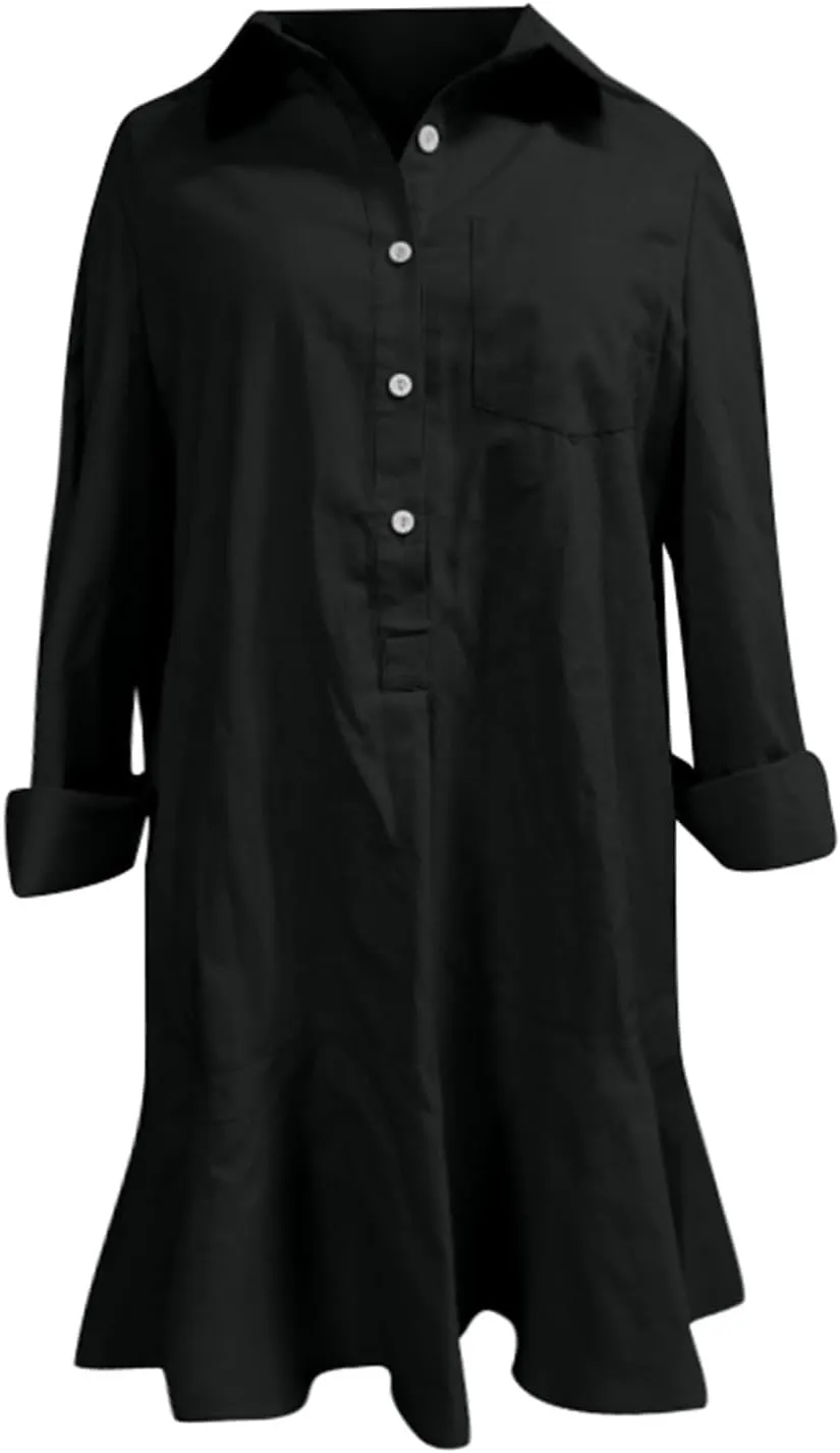 Tunic Mini Shirt Dress for Women Button Up Long Sleeve Dress Chambray Callahan Ruffle Flowy Casual Dresses