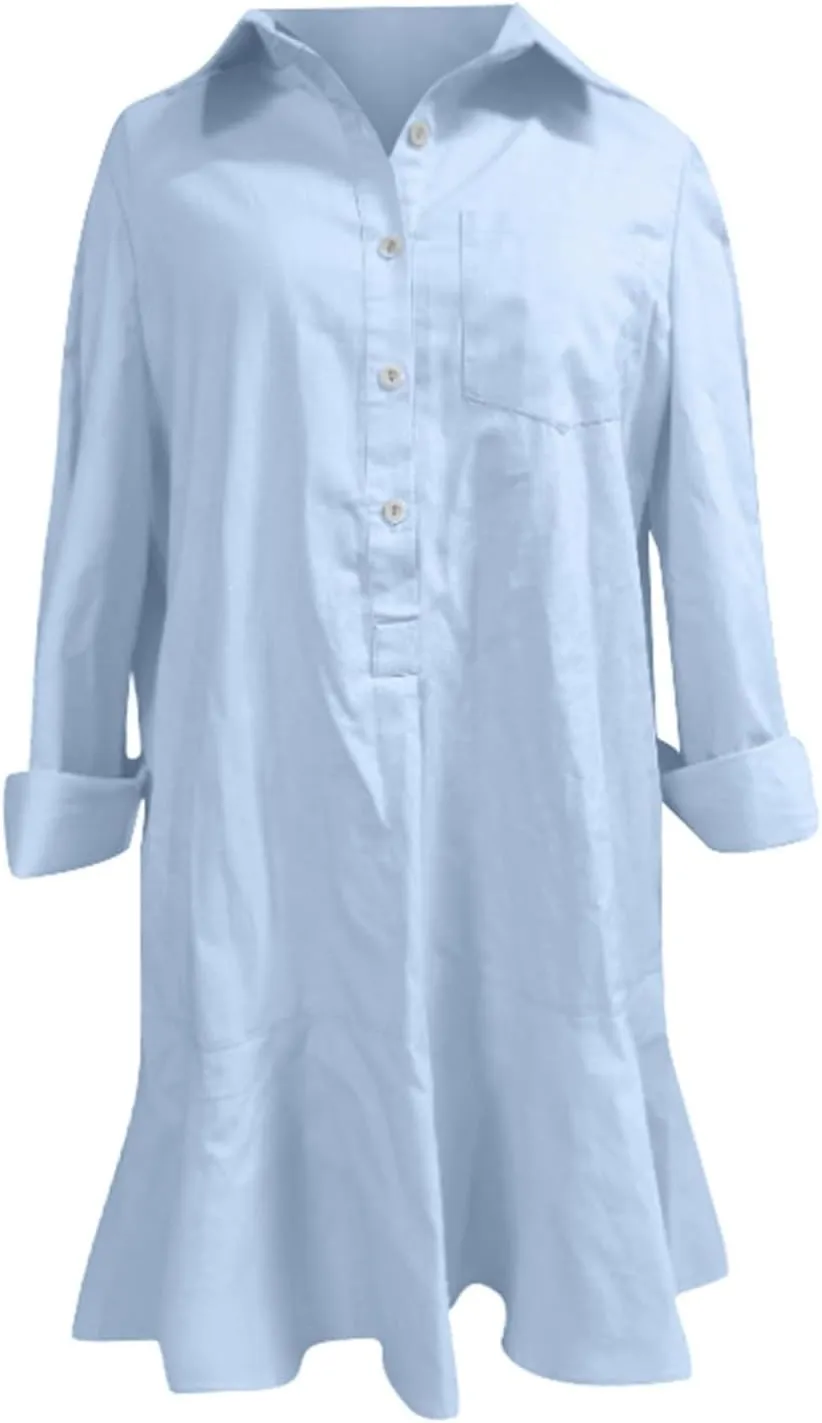 Tunic Mini Shirt Dress for Women Button Up Long Sleeve Dress Chambray Callahan Ruffle Flowy Casual Dresses