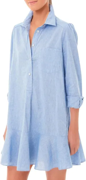 Tunic Mini Shirt Dress for Women Button Up Long Sleeve Dress Chambray Callahan Ruffle Flowy Casual Dresses