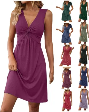 Twist Front Dresses for Women V Neck Sleeveless Tank Dress Summer Sexy Elegant Party Tunic A Line Midi Sundresses