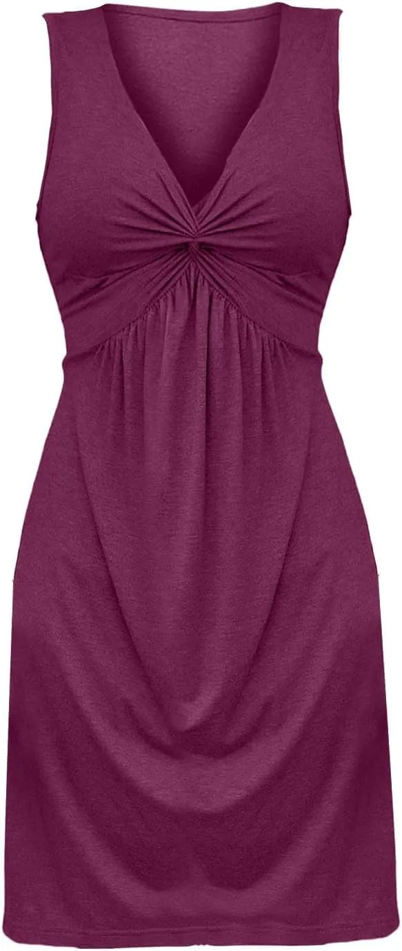 Twist Front Dresses for Women V Neck Sleeveless Tank Dress Summer Sexy Elegant Party Tunic A Line Midi Sundresses