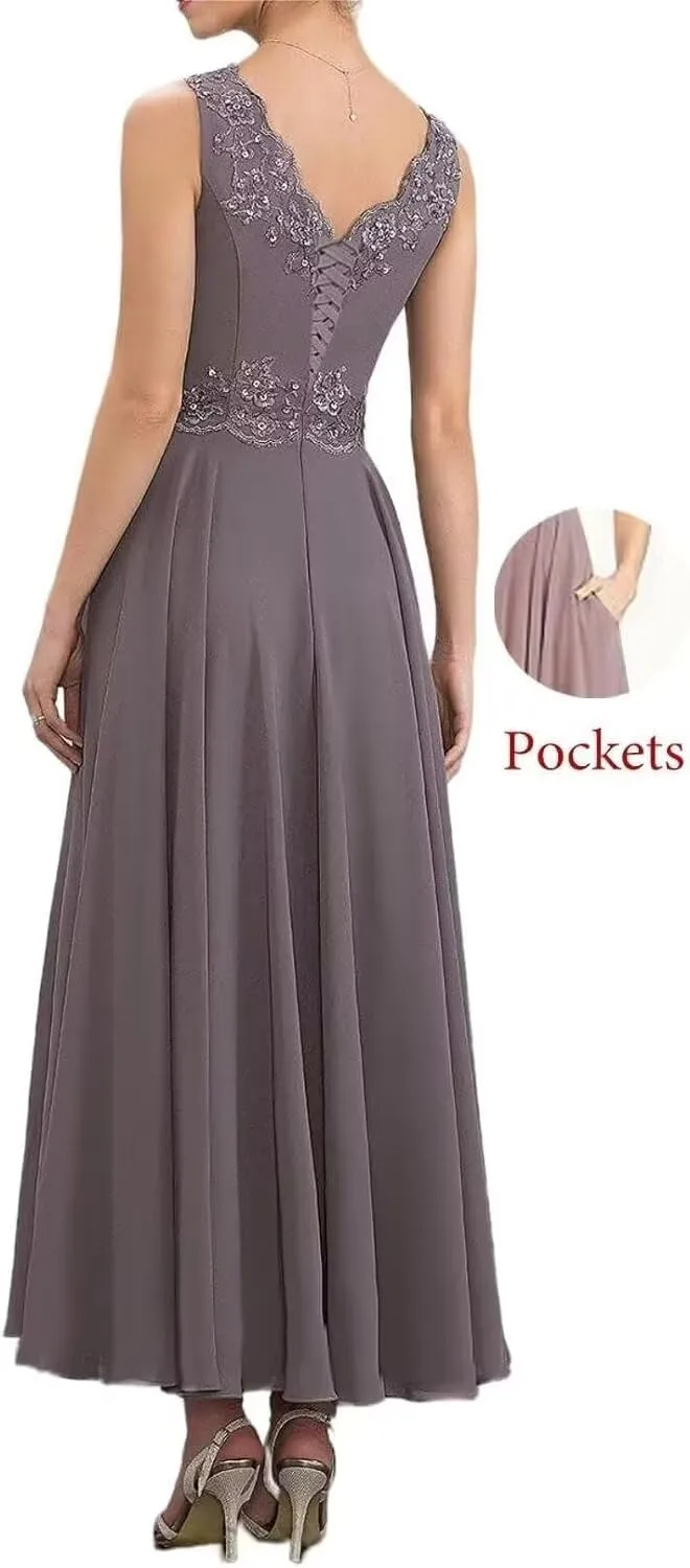Two Pieces Mother of The Bride Dresses with Jacket 3/4 Sleeve Lace Applique V Neck Wedding Guest Dress with Pockets