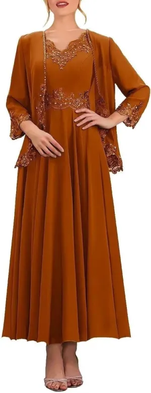 Two Pieces Mother of The Bride Dresses with Jacket 3/4 Sleeve Lace Applique V Neck Wedding Guest Dress with Pockets