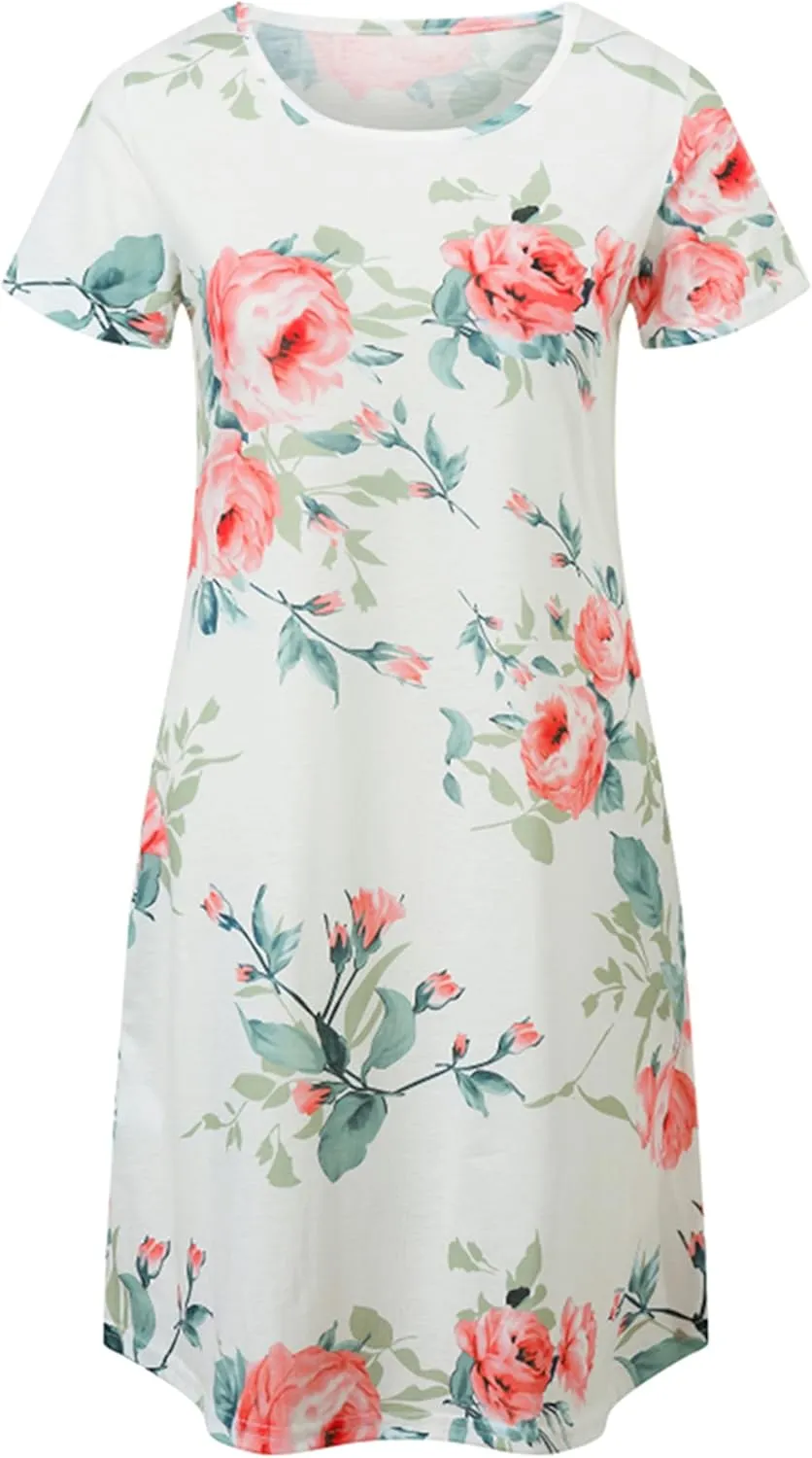 TYQQU Women's Casual Summer Floral Print Tee Shirt Flowy Comfy Dresses Short Sleeve Swing Sundress with Pockets