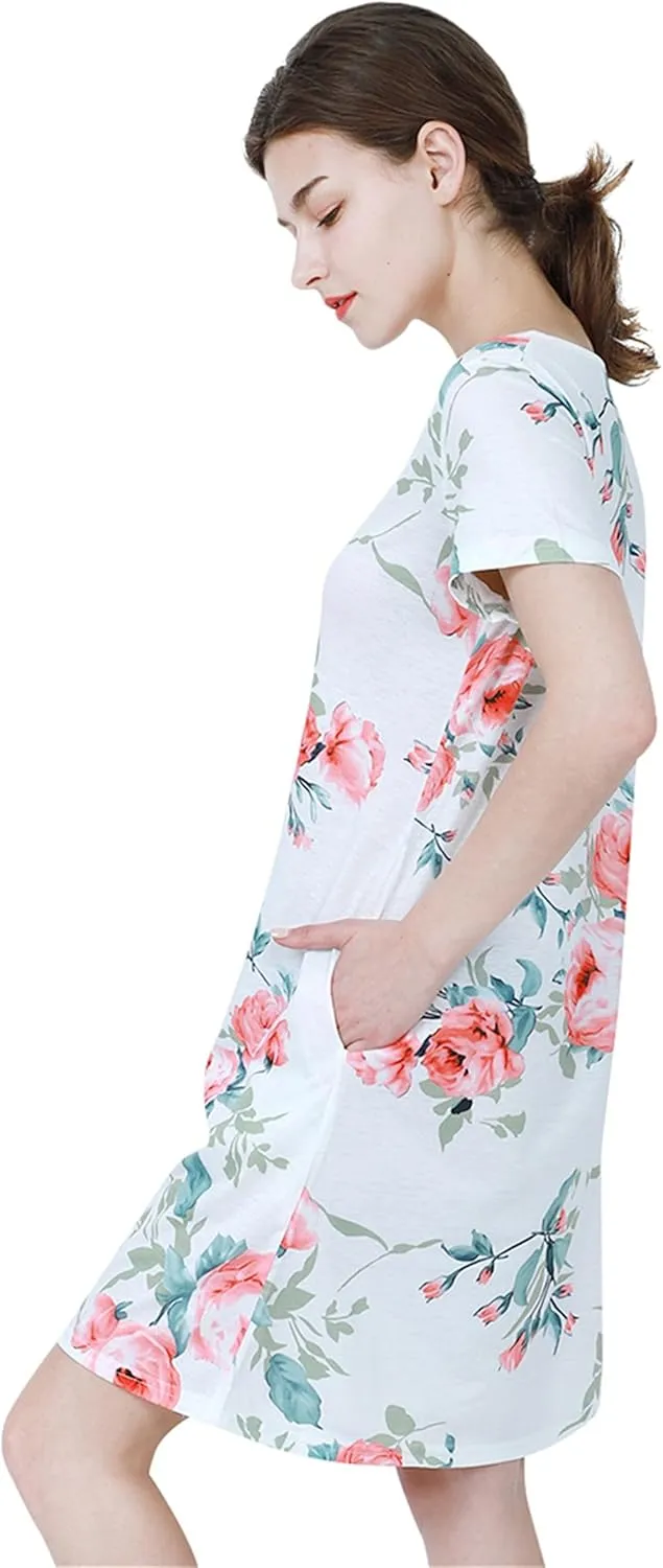 TYQQU Women's Casual Summer Floral Print Tee Shirt Flowy Comfy Dresses Short Sleeve Swing Sundress with Pockets