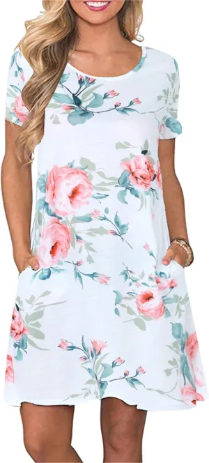 TYQQU Women's Casual Summer Floral Print Tee Shirt Flowy Comfy Dresses Short Sleeve Swing Sundress with Pockets