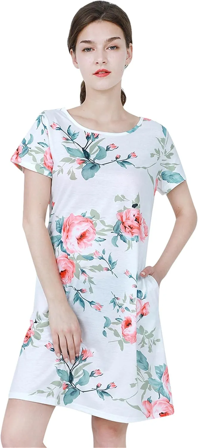 TYQQU Women's Casual Summer Floral Print Tee Shirt Flowy Comfy Dresses Short Sleeve Swing Sundress with Pockets