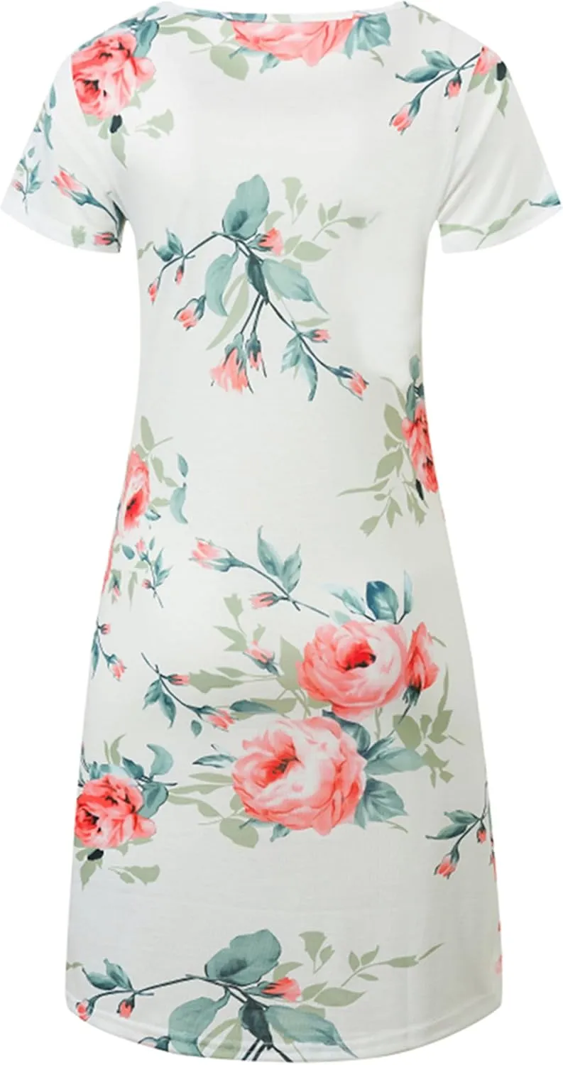 TYQQU Women's Casual Summer Floral Print Tee Shirt Flowy Comfy Dresses Short Sleeve Swing Sundress with Pockets