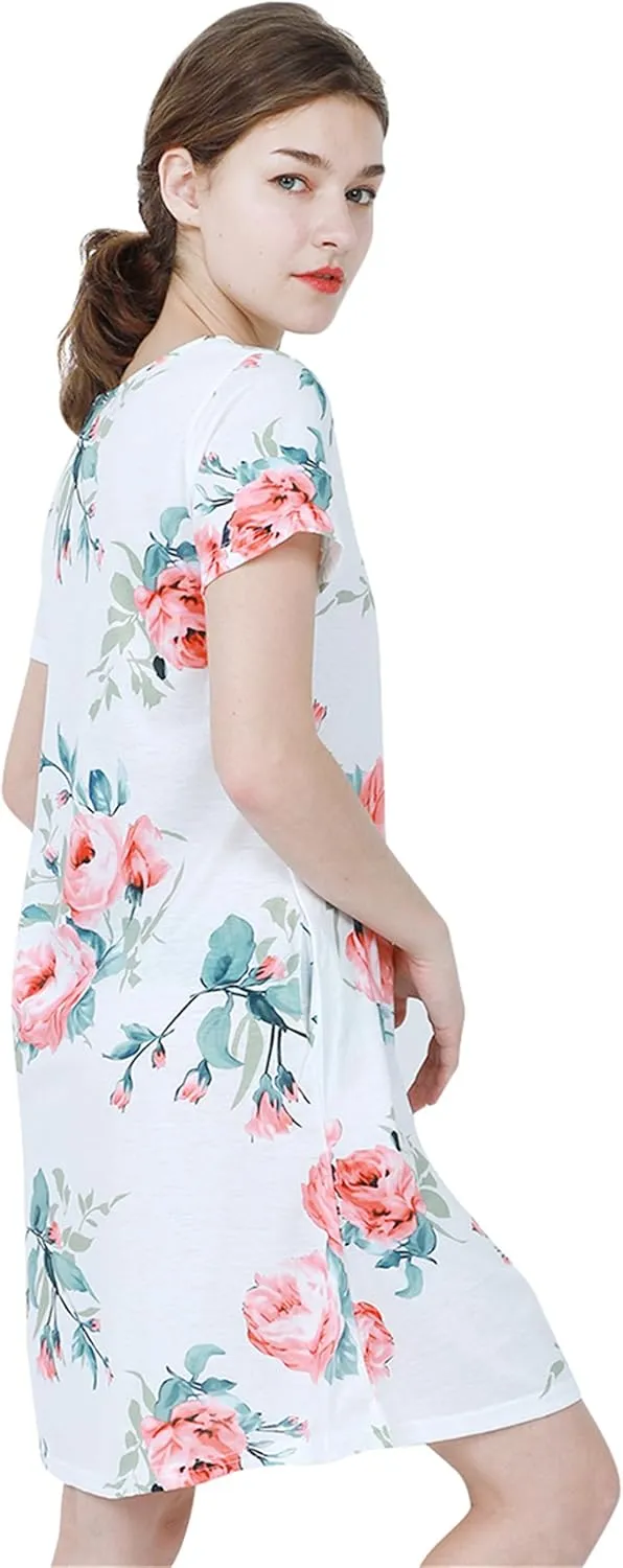 TYQQU Women's Casual Summer Floral Print Tee Shirt Flowy Comfy Dresses Short Sleeve Swing Sundress with Pockets