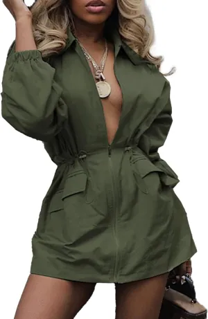 Unybwonn Women Long Sleeve Fall Casual Mini Dresses V Neck Zipper Cargo Safari Short Dress Drawstring Waist Dresses