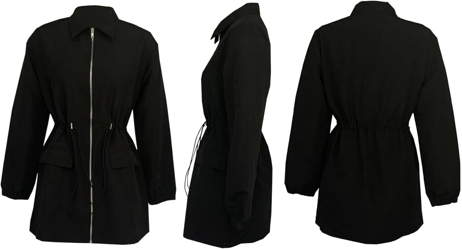 Unybwonn Women Long Sleeve Fall Casual Mini Dresses V Neck Zipper Cargo Safari Short Dress Drawstring Waist Dresses