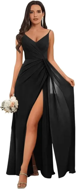 V Neck Bridesmaid Dress with Slit 2025 A-Line Long Chiffon Formal Party Dresses for Women