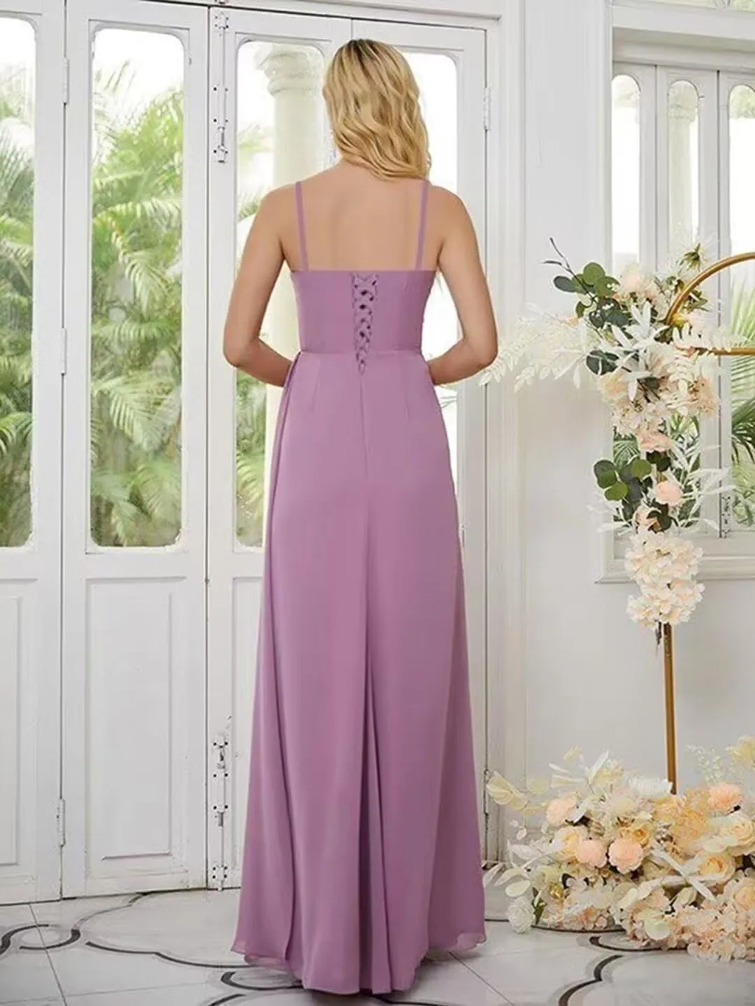 V Neck Bridesmaid Dress with Slit 2025 A-Line Long Chiffon Formal Party Dresses for Women