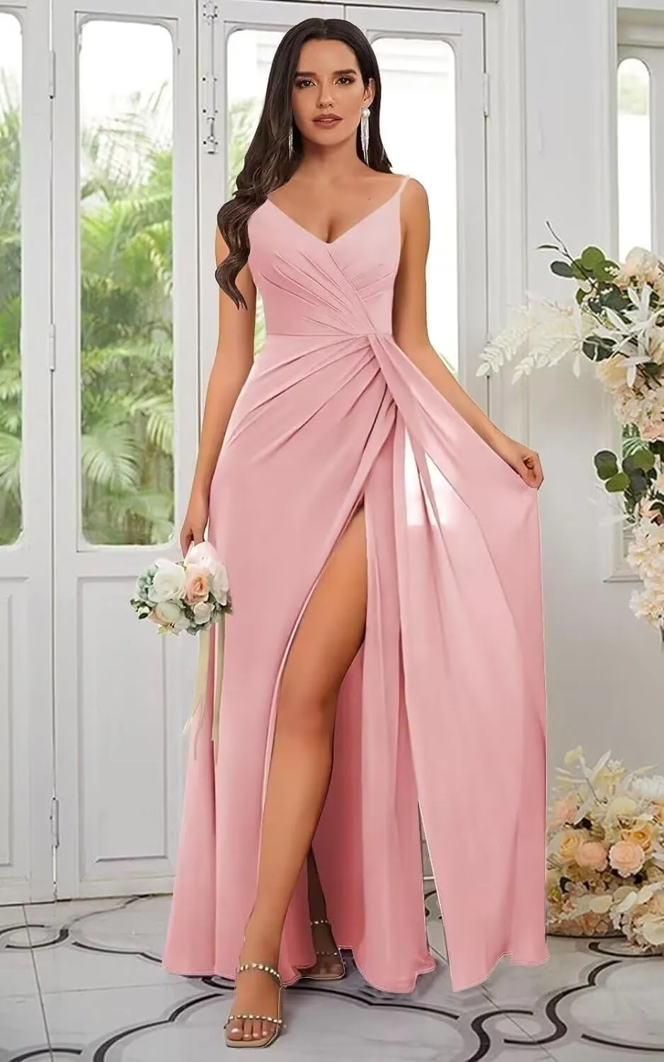 V Neck Bridesmaid Dress with Slit 2025 A-Line Long Chiffon Formal Party Dresses for Women