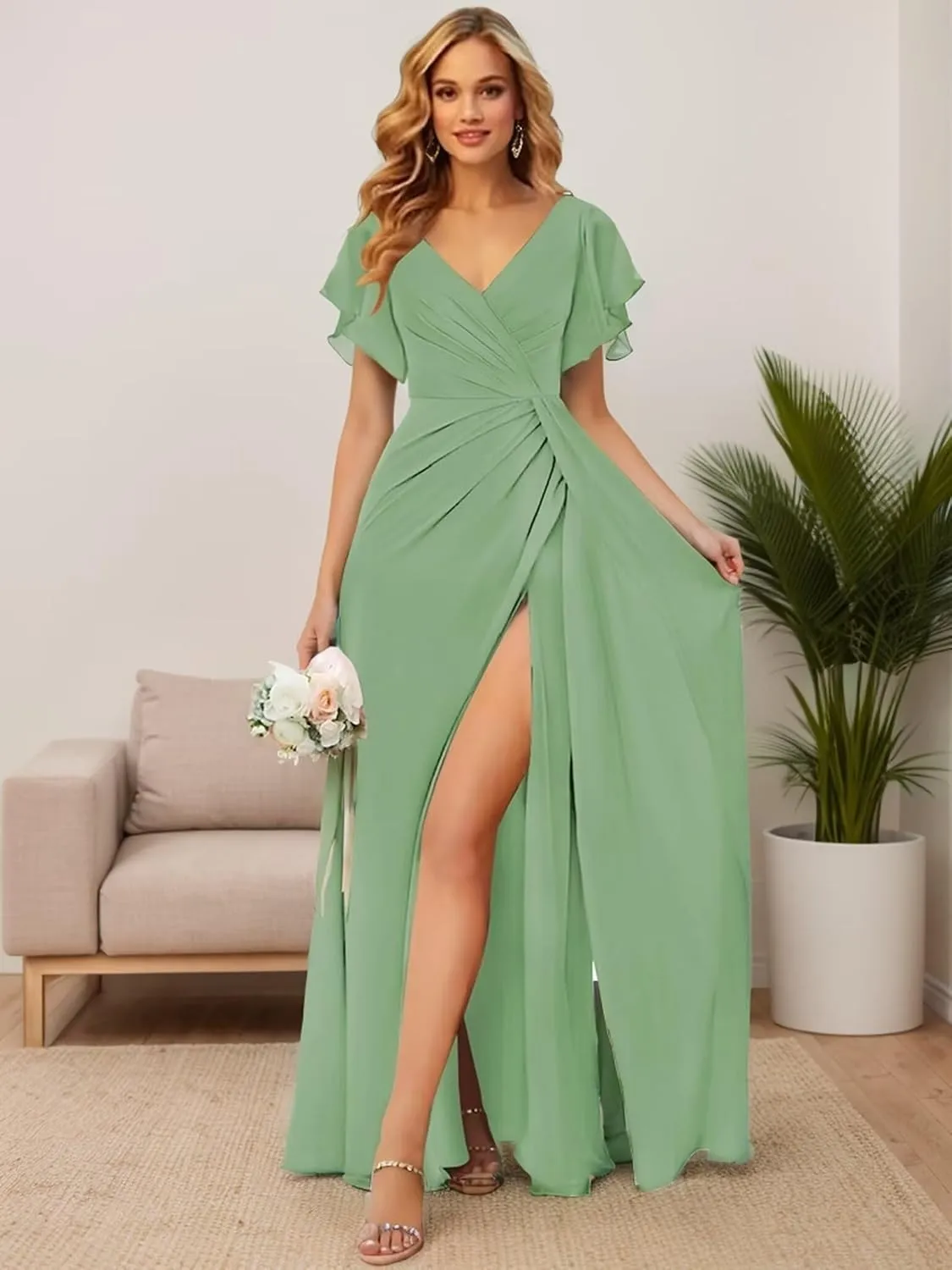 V Neck Bridesmaid Dresses for Women Short Sleeve Chiffon Formal Evening Dress with Slit