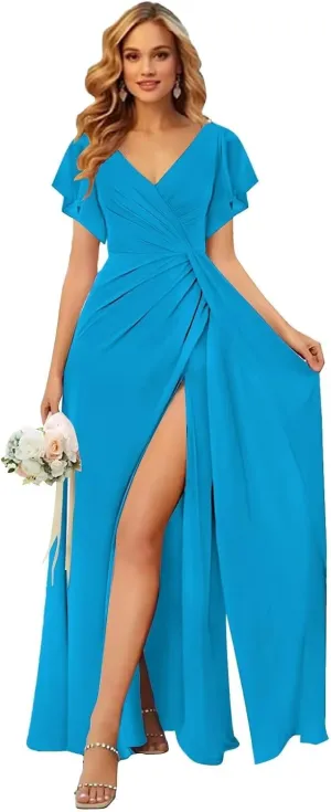 V Neck Bridesmaid Dresses for Women Short Sleeve Chiffon Formal Evening Dress with Slit