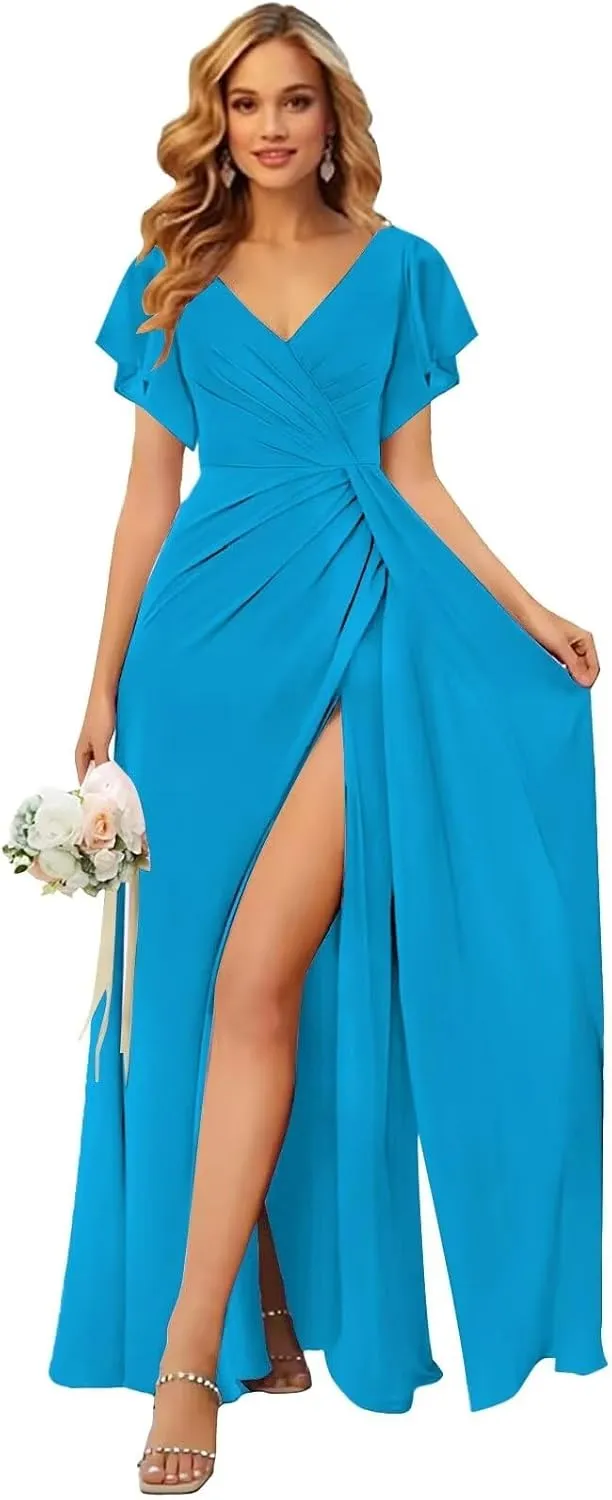 V Neck Bridesmaid Dresses for Women Short Sleeve Chiffon Formal Evening Dress with Slit